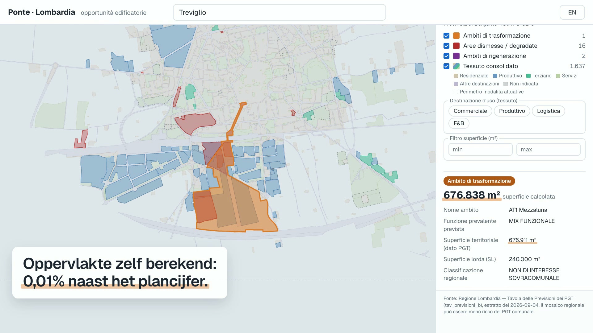 Productvideo van Ponte Lombardia: iemand zoekt de gemeente Treviglio, de kaart toont de kansgebieden uit het regionale plan, en een klik geeft de berekende oppervlakte en de bestemming per laag.
